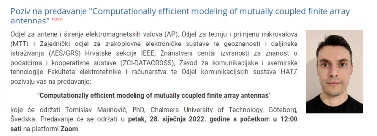 Poziv na predavanje: “Computationally efficient modeling of mutually coupled finite array antennas”