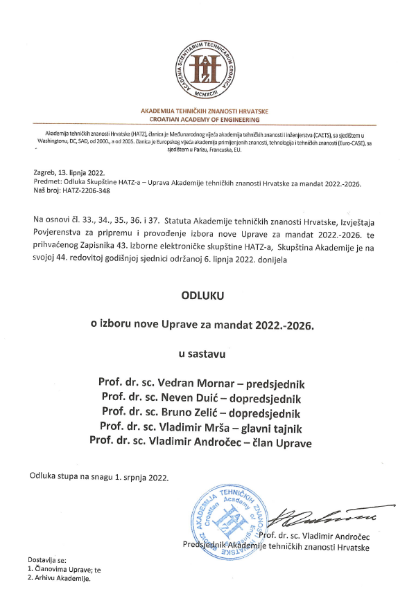 ODLUKA o izboru nove Uprave HATZ-a za mandat 2022.-2026.