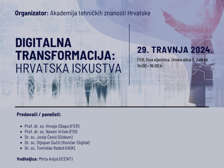 Poziv na okrugli stol s panelom “Digitalna transformacija: hrvatska iskustva”, 29.4.2024., 14 sati, FER